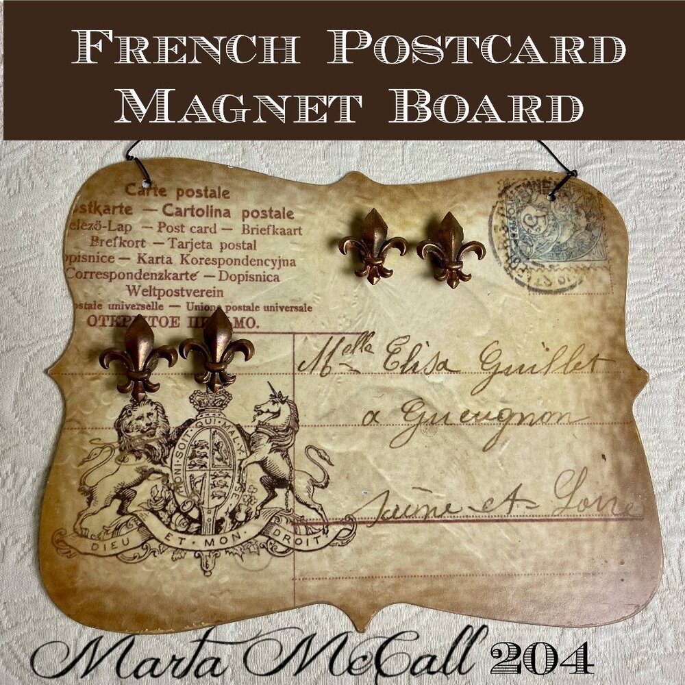 French Postcard Magnet Board w/Fleur de Lis Magnets
